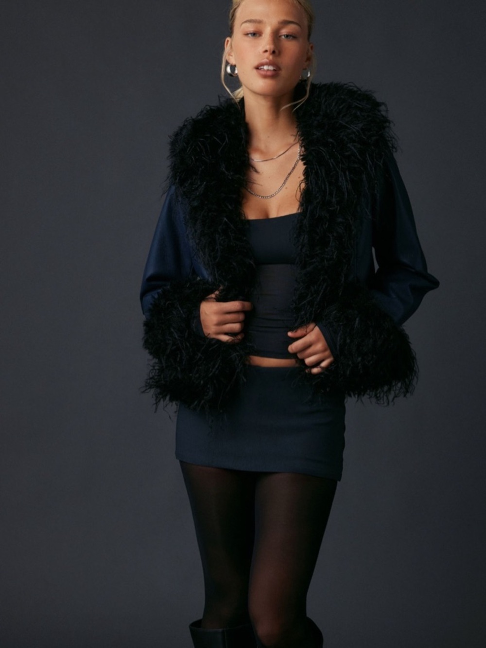 Kimchi Blue Tiffany Faux Leather Jacket Faux Fur Trim Navy Cropped Coat Y2K 90s